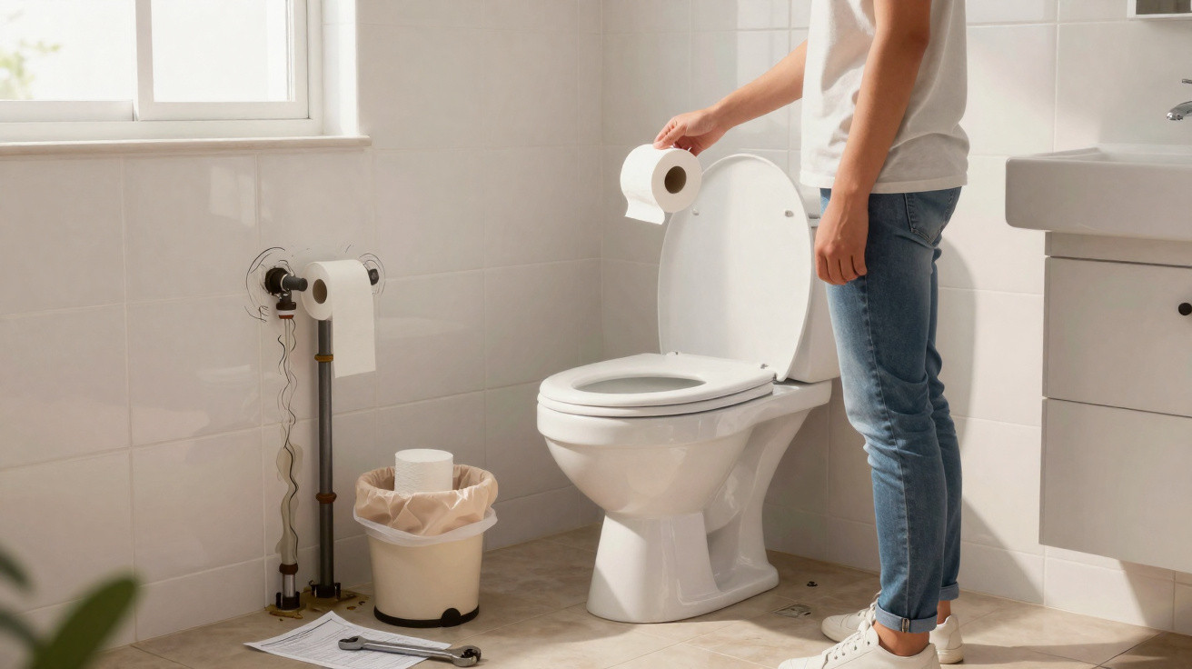 Person holding toilet paper roll above open toilet seat in bright, clean bathroom with window and sink visible.
