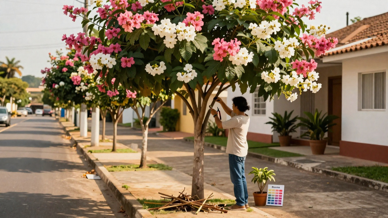 Person taking photo of flowering tree with pink and white blooms on suburban street at sunset