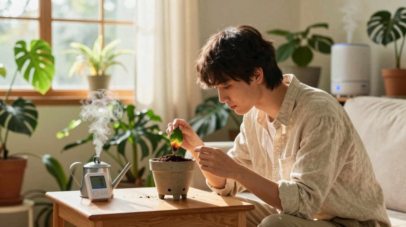 Young man caring for a potted plant on a table in a sunlit room with other houseplants nearby
