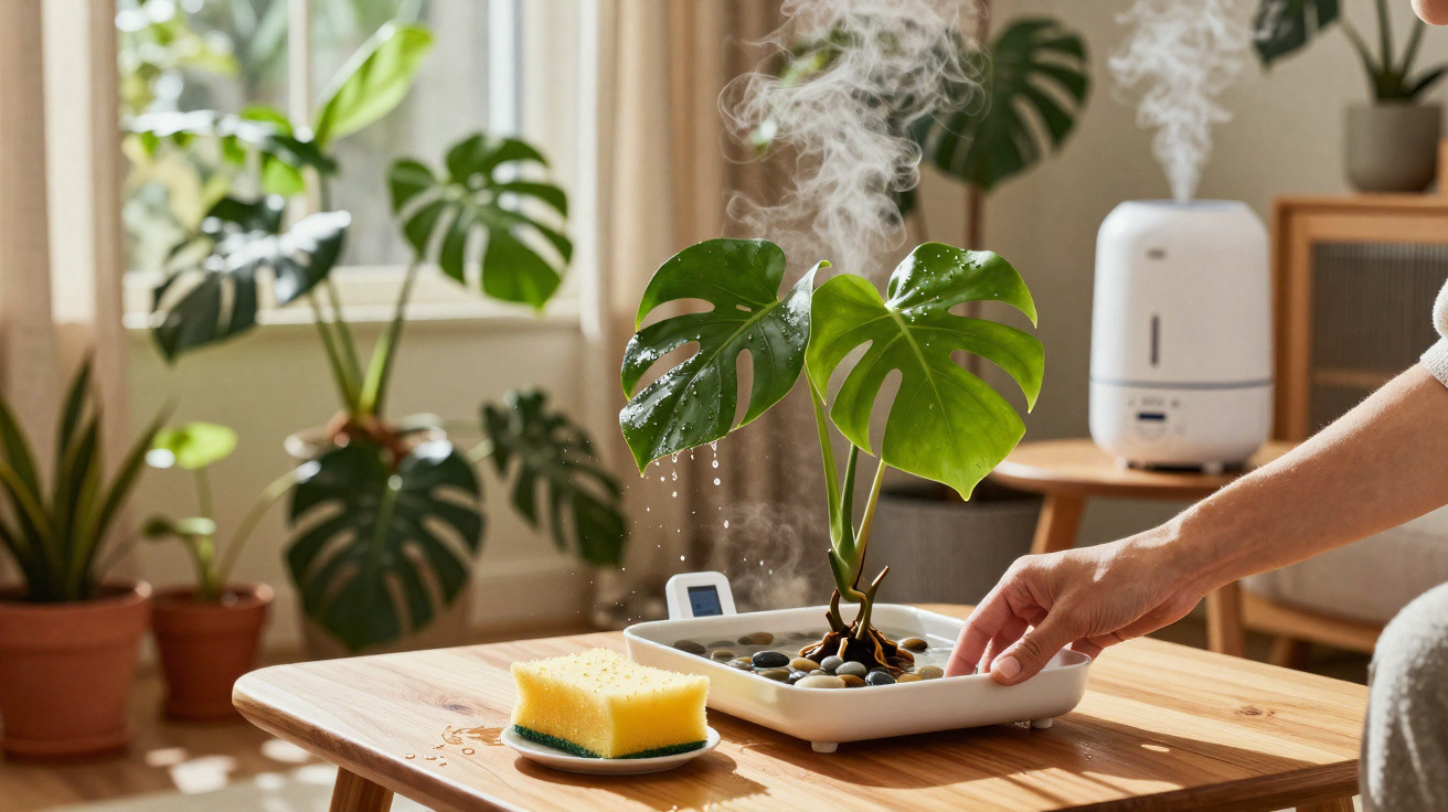 Hand watering a potted monstera plant on a wooden table with a sponge and humidifier nearby.