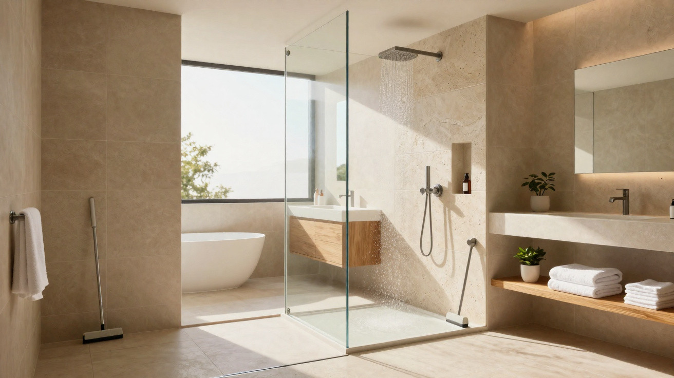 Modern beige bathroom with walk-in glass shower, freestanding tub, wooden shelves, and large window.
