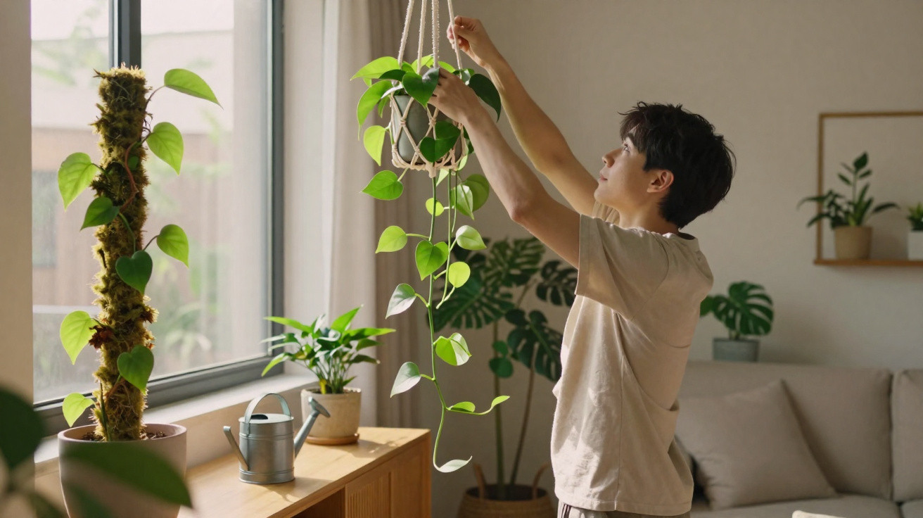 Person adjusting a hanging houseplant in a bright living room with various indoor plants.