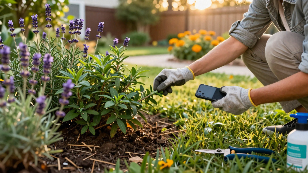 Person wearing gloves using a smartphone to check plants in a garden with flowers and gardening tools nearby.