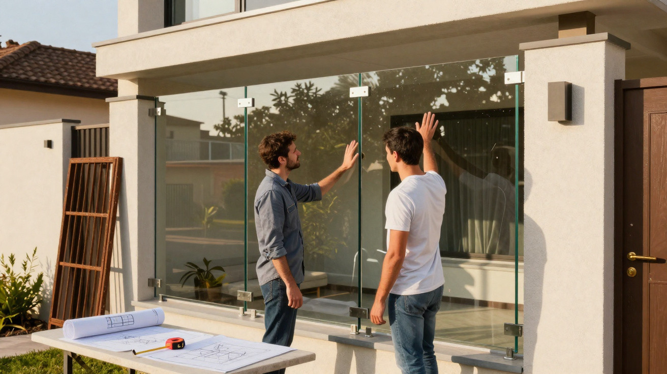 Two men inspecting a glass balcony railing on a modern house exterior with architectural plans on a nearby table.