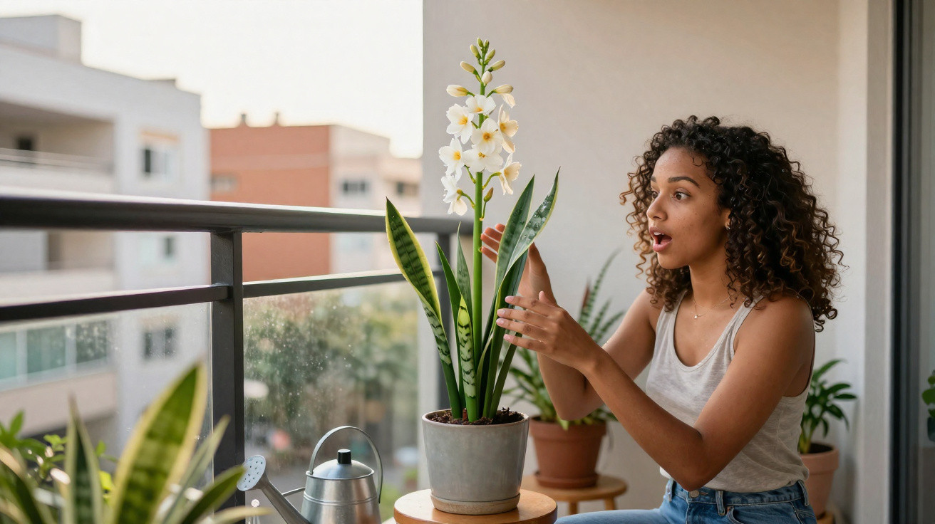 Woman admiring a tall white flower plant on a balcony with urban buildings in the background
