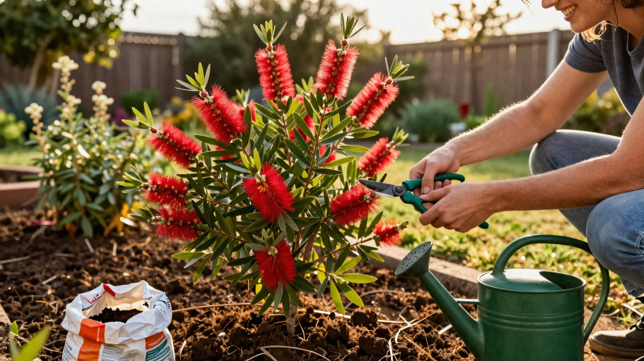 Person pruning a vibrant red bottlebrush plant in a garden with gardening tools nearby at sunset.