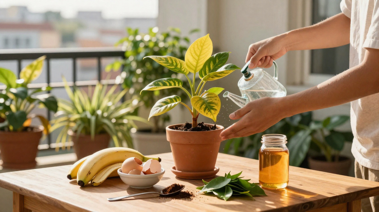 Person watering a potted plant on a wooden table with bananas, eggshells, leaves, and honey jar nearby.