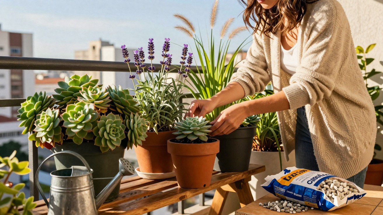 Person tending to potted succulents and lavender on a balcony garden table in sunlight