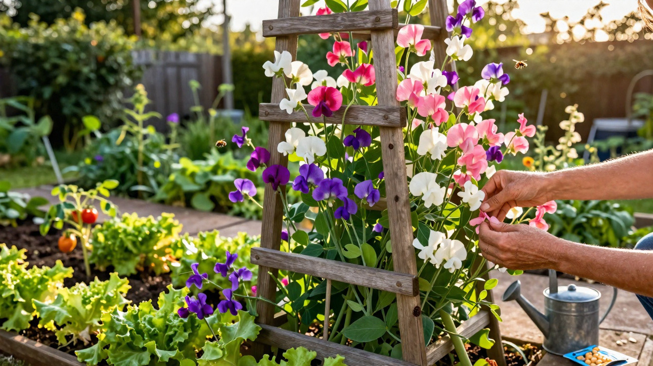 Hands tending to pink, white, and purple sweet pea flowers growing on a wooden trellis in a garden.
