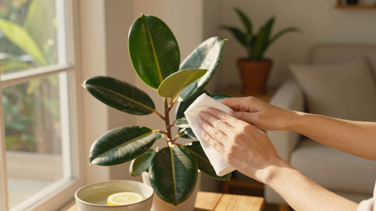 Person cleaning the leaves of a rubber plant near a window with sunlight streaming in.