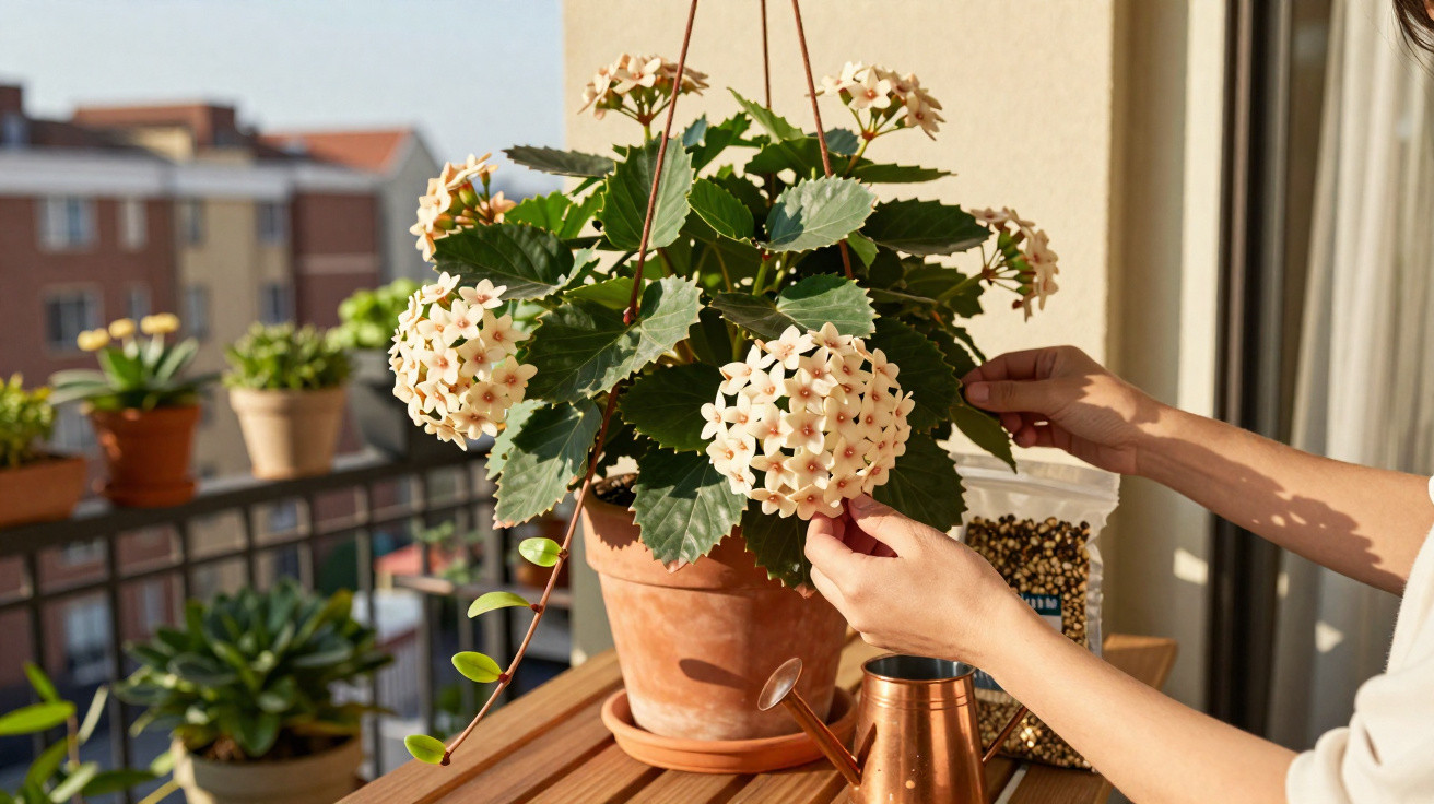 Hands tending to a flowering potted plant on a sunlit balcony with other plants and city buildings in the background.