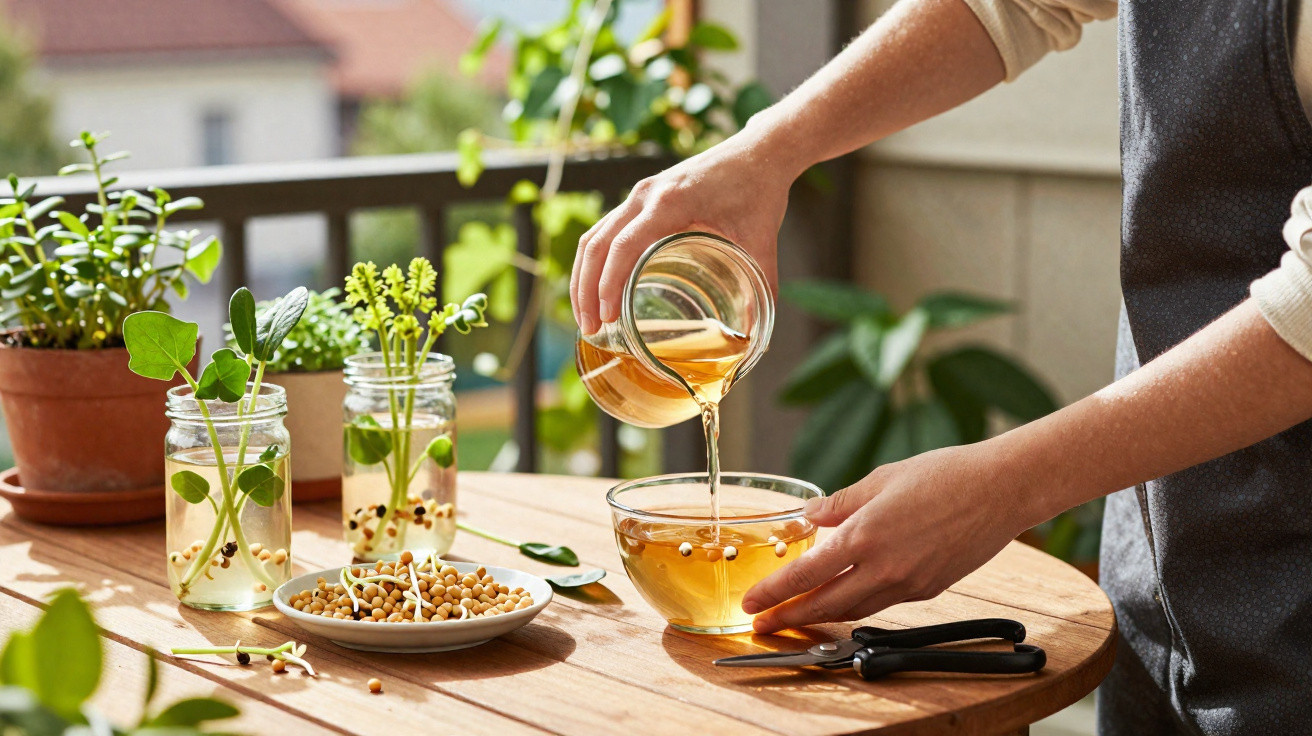 Person pouring herbal tea from a glass jar into a bowl on a wooden table with plants and sprouting seeds.