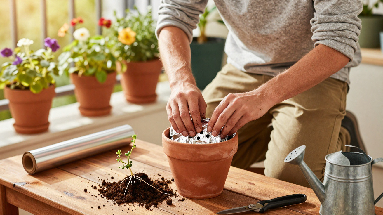 Person planting a young seedling in a terracotta pot on a wooden table indoors.