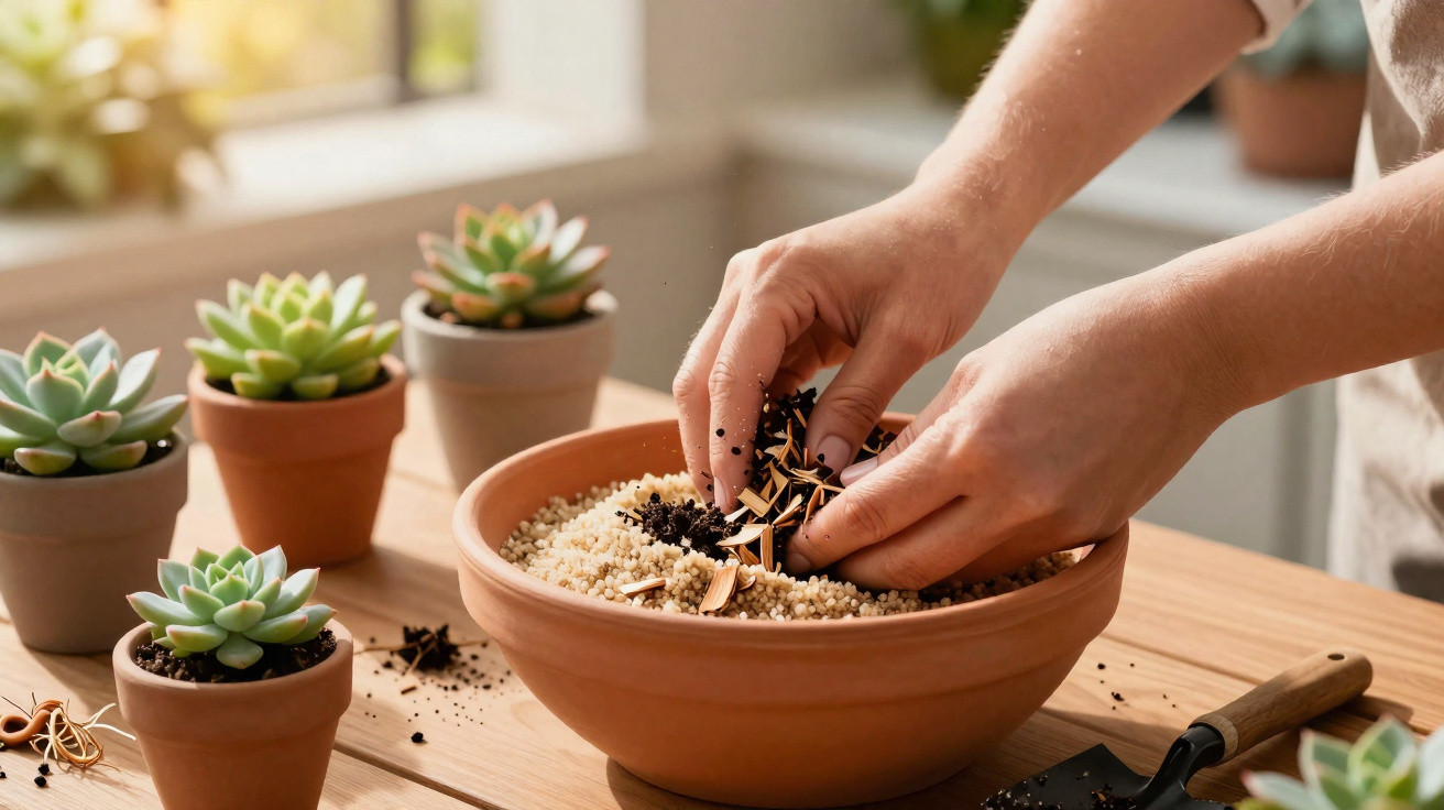 Hands adding soil and mulch to a terracotta pot with succulents on a wooden table near a window