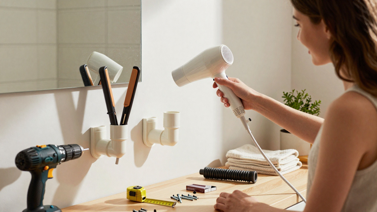 Person holding a white hairdryer next to a mounted holder with hair straighteners on a wooden countertop.