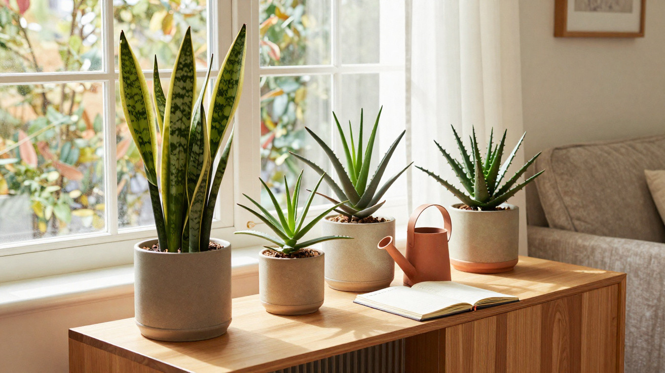 Four potted succulents and a watering can on a wooden sideboard by a sunlit window in a cozy living room.
