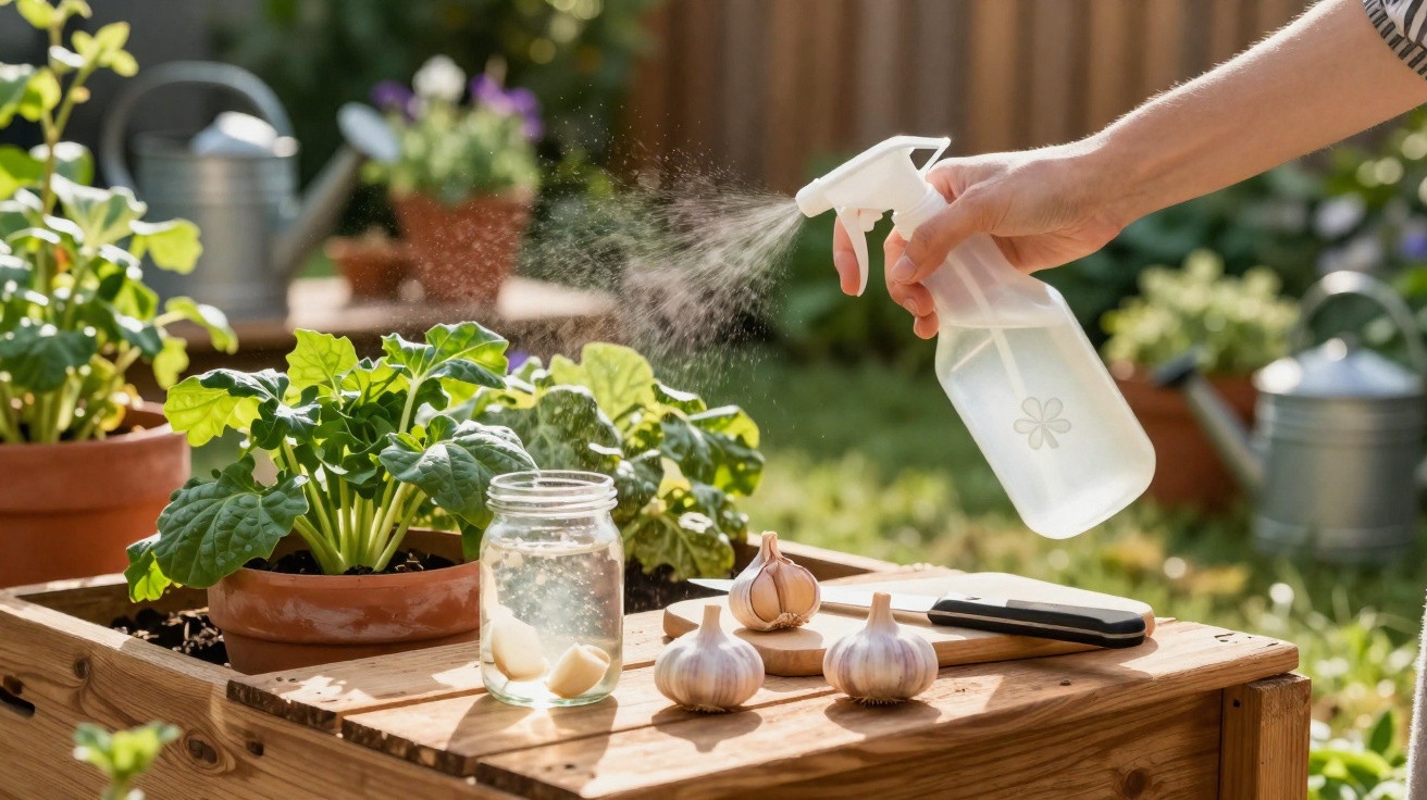 Hand spraying plants on a wooden garden table with garlic bulbs and a jar in bright sunlight outdoors.