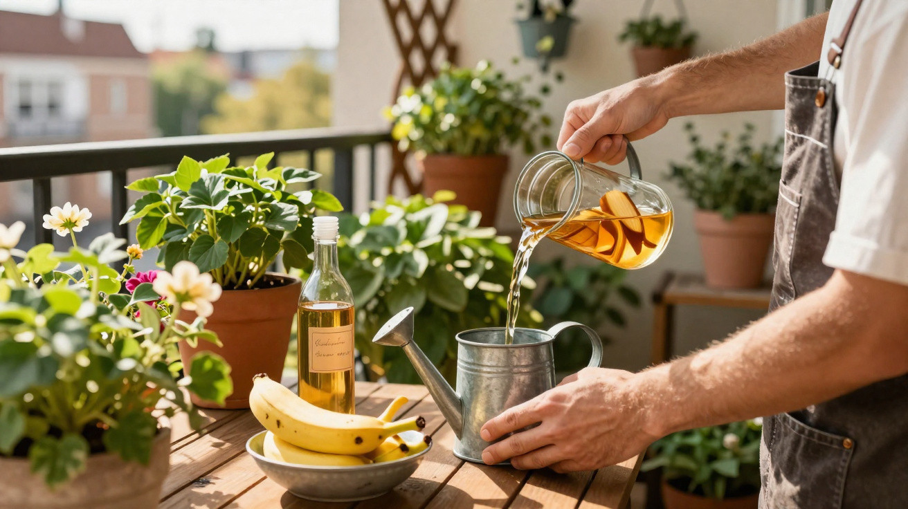 Person pouring liquid from a glass jug into a watering can on a wooden table with plants and bananas.