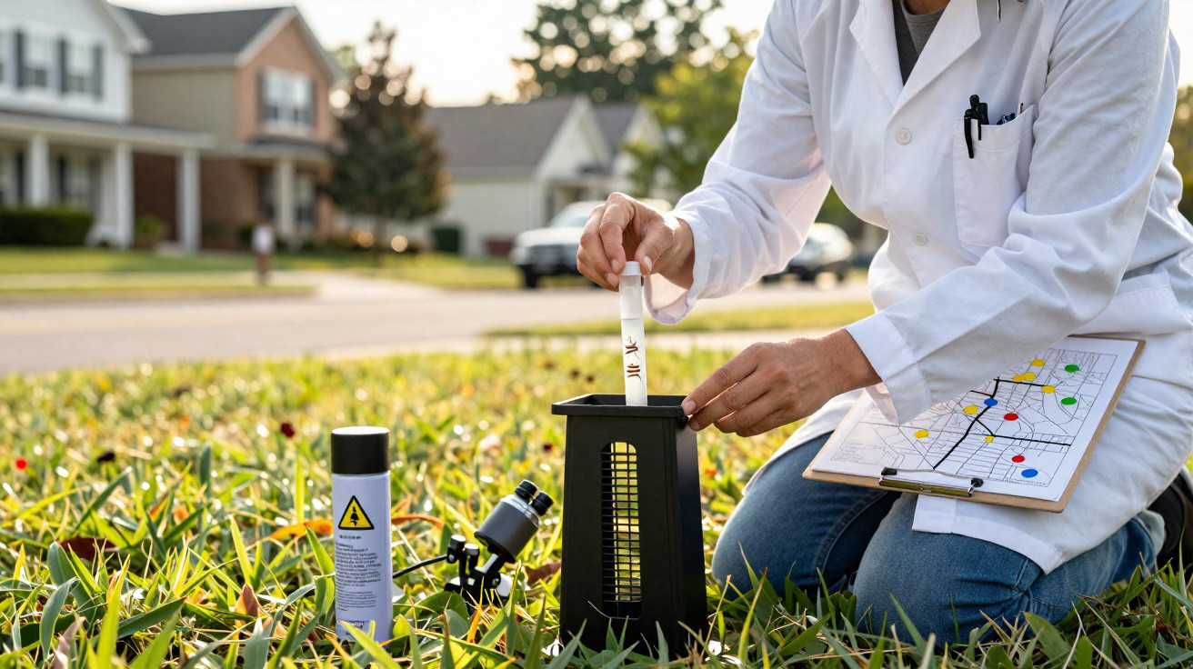 Scientist in a white coat testing soil or air quality in a residential neighbourhood with sampling equipment.