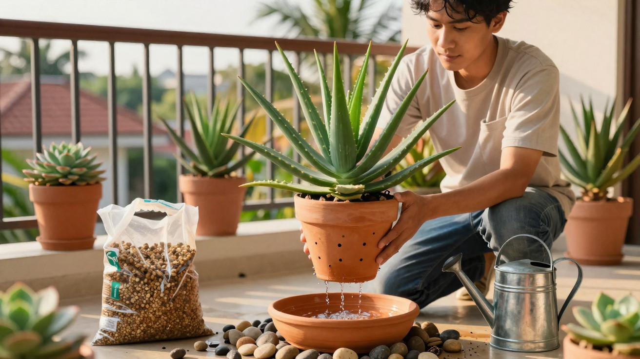 Person repotting an aloe vera plant on a balcony surrounded by potted succulents and gardening supplies.