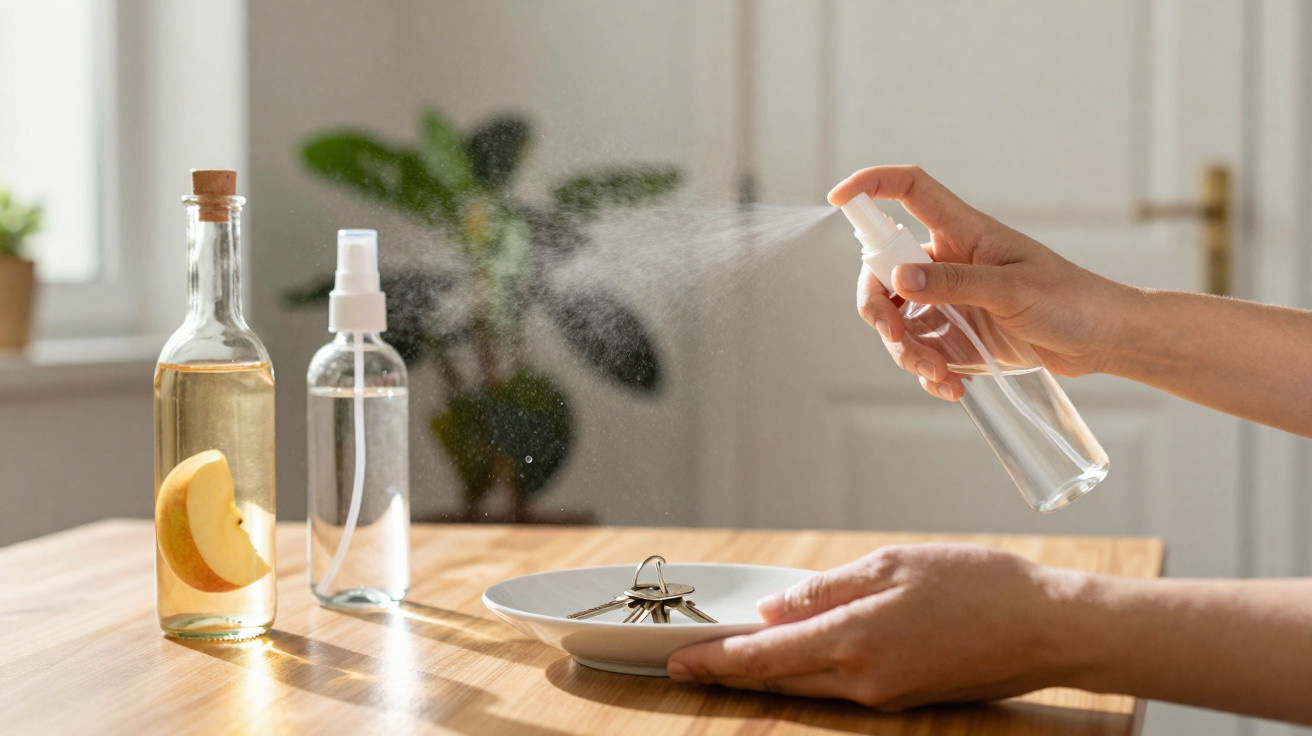 Person spraying disinfectant on a small plate holding keys on a wooden table with bottles nearby.