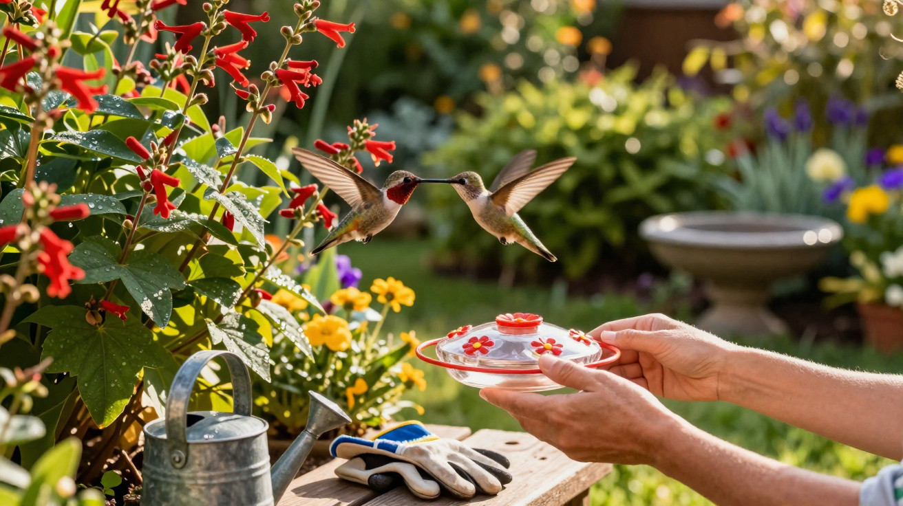 Two hummingbirds feeding from a red flower feeder held by hands in a colourful garden.