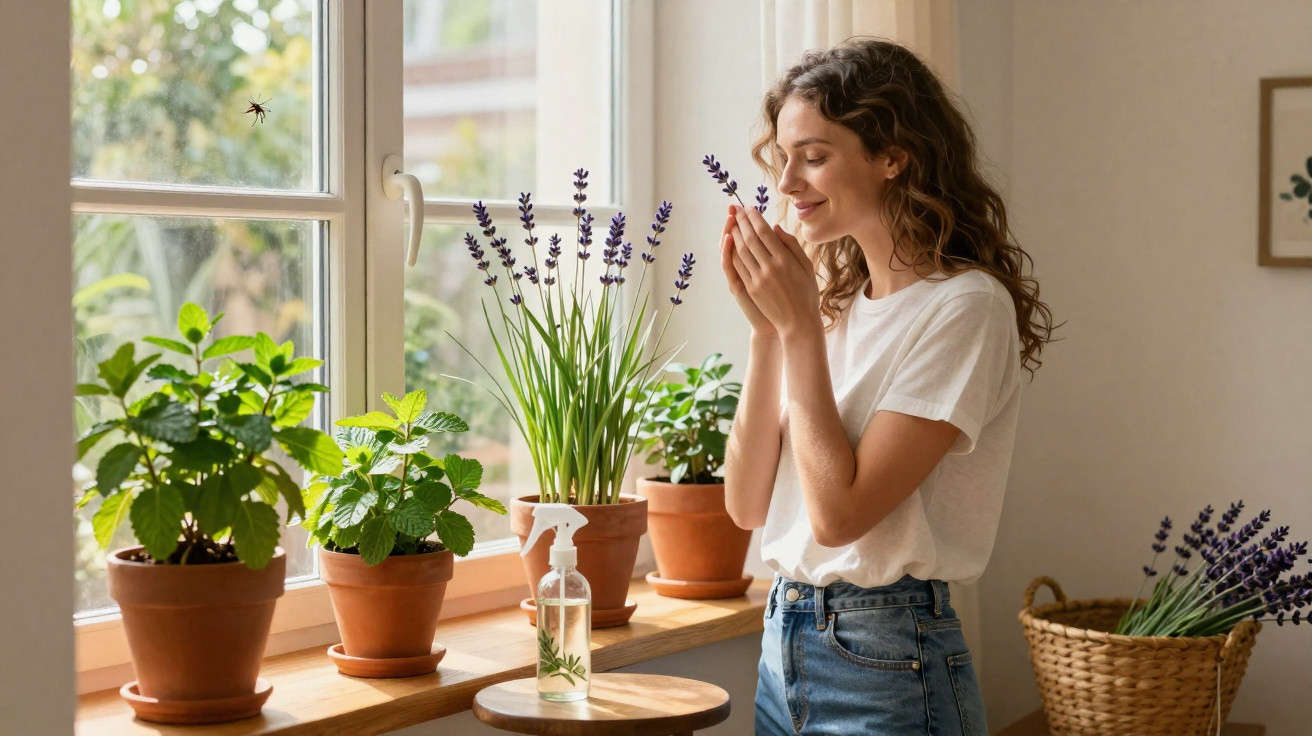 Woman smelling lavender by a windowsill with potted plants and a spray bottle in a sunlit room.