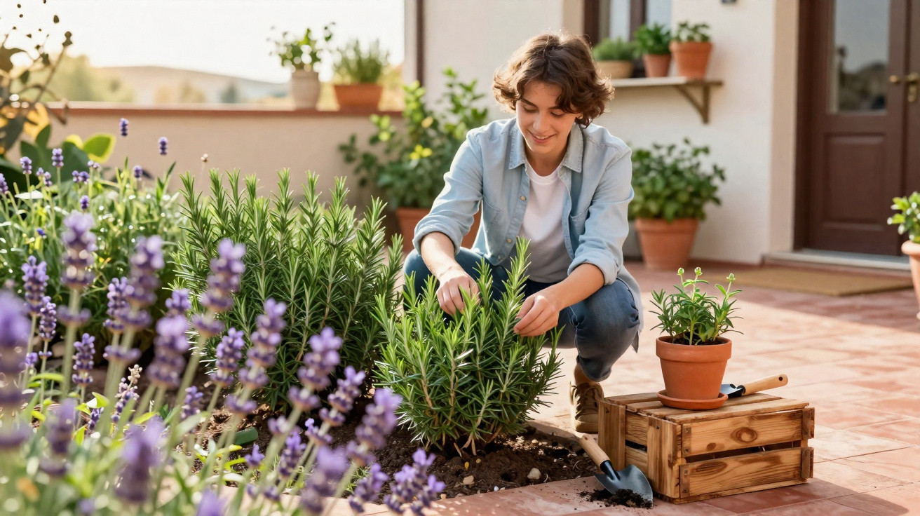 Young person tending to a rosemary plant in a sunny garden with lavender flowers and potted plants nearby.