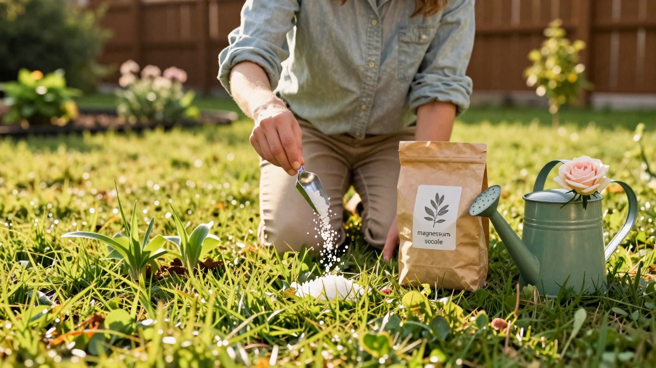 Person sprinkling magnesium sulfate onto grass in a garden with a watering can and paper bag nearby