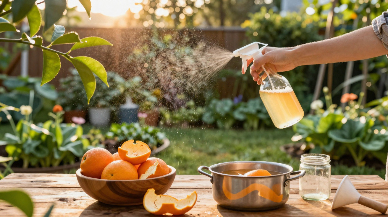 Hand spraying a natural solution on oranges in a wooden bowl on an outdoor garden table.