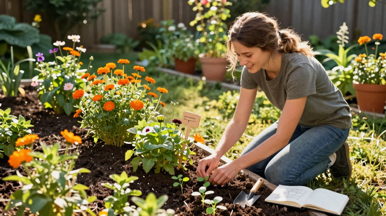 Woman gardening in a sunny backyard, planting flowers with a trowel and an open gardening book nearby.