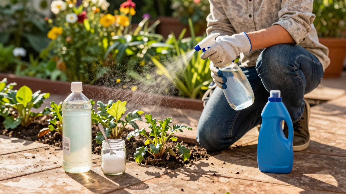 Person wearing gloves spraying plants with a spray bottle near gardening supplies on a patio.