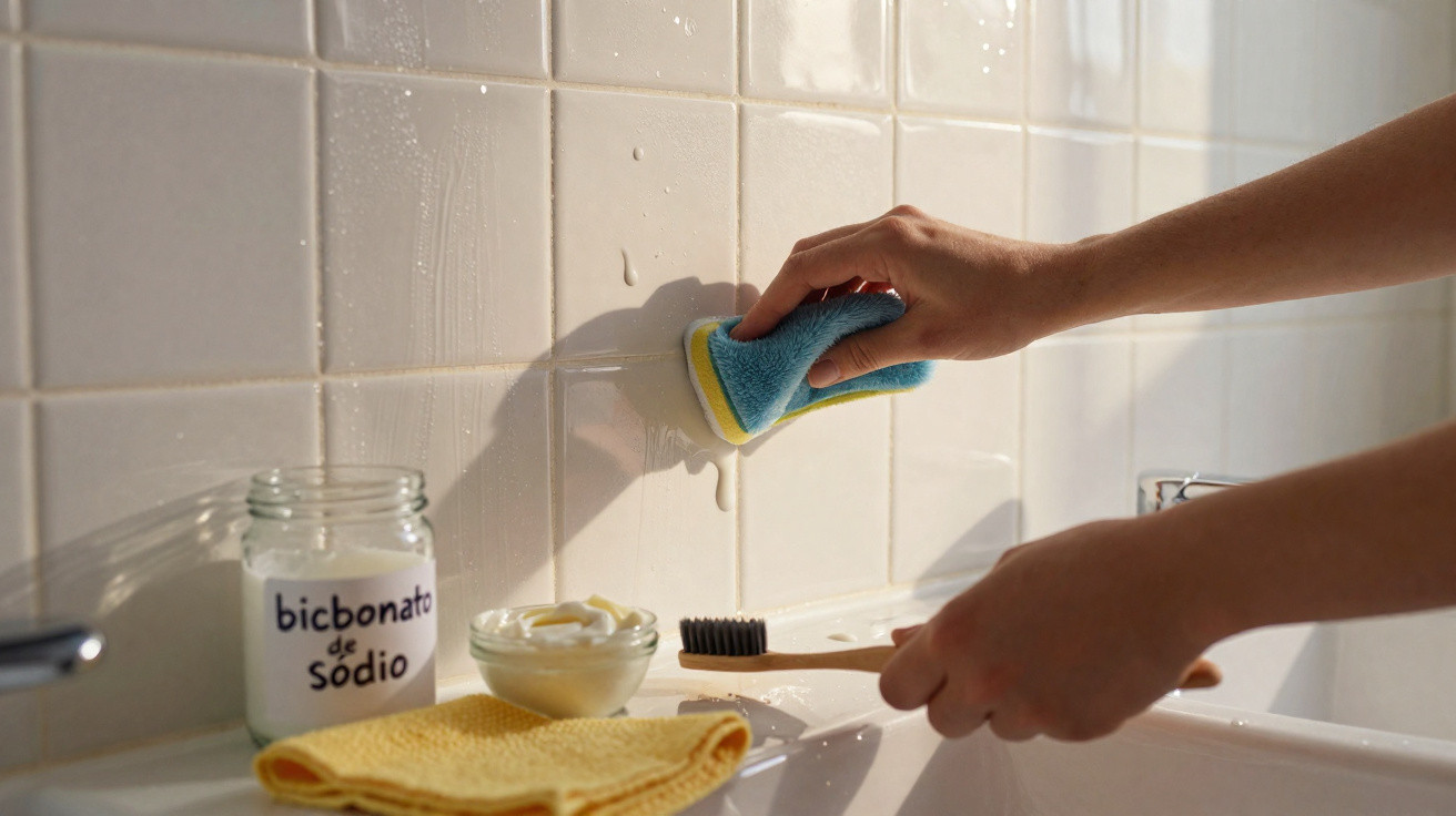 Hands scrubbing white tiled wall above sink with sponge and toothbrush, jar of bicarbonate of soda nearby.