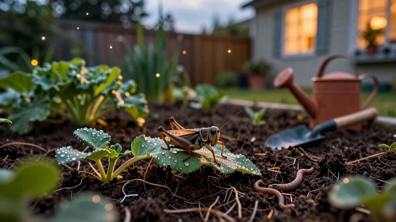 Close-up of a cricket on a dewy leaf in a garden bed with an earthworm, watering can, and trowel nearby.