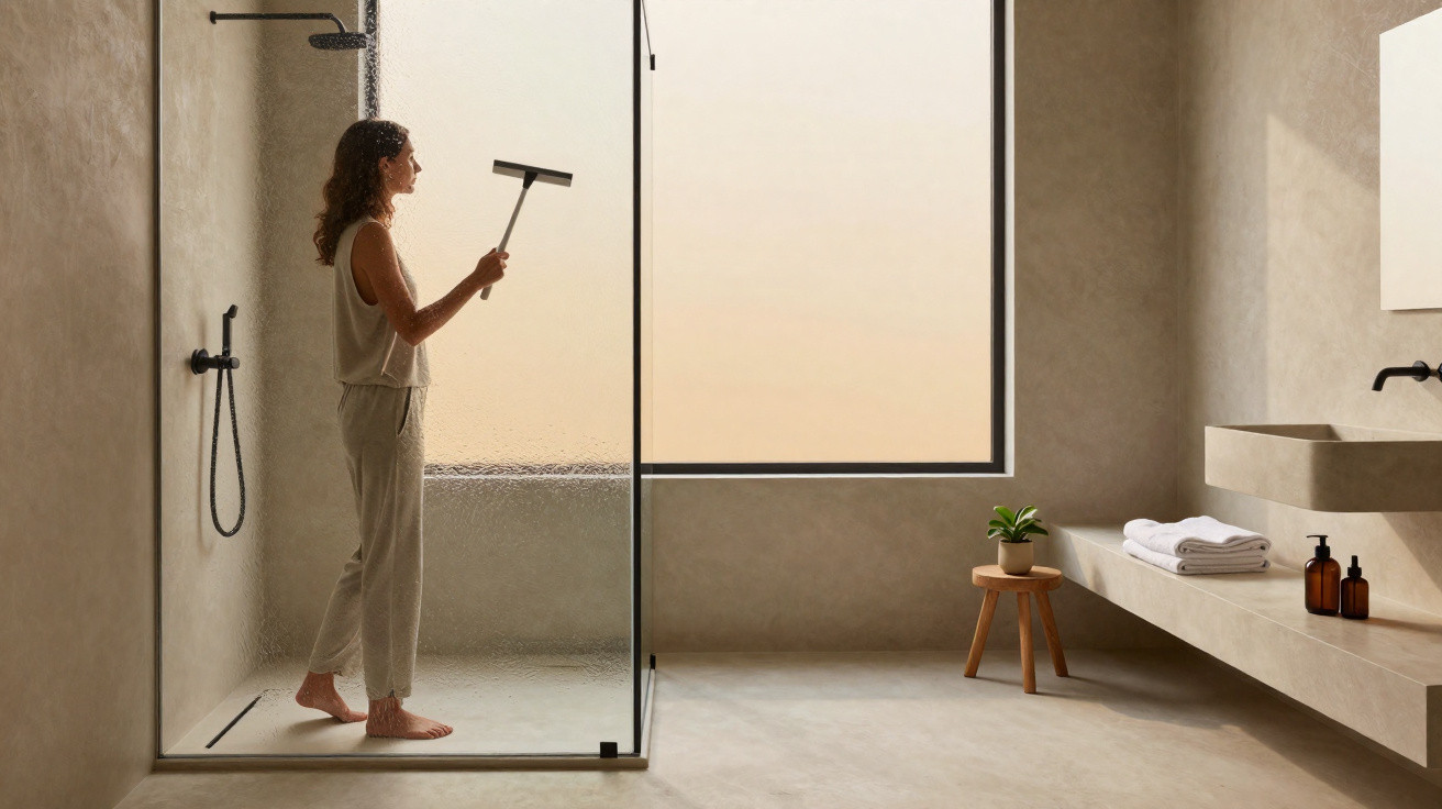Woman cleaning glass shower door in a modern beige bathroom with a large window and minimal decor.