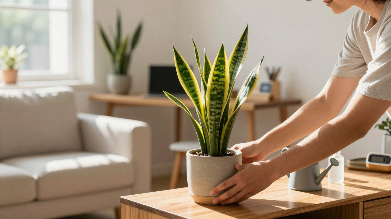 Person placing a potted snake plant on a wooden table in a bright, cosy living room.
