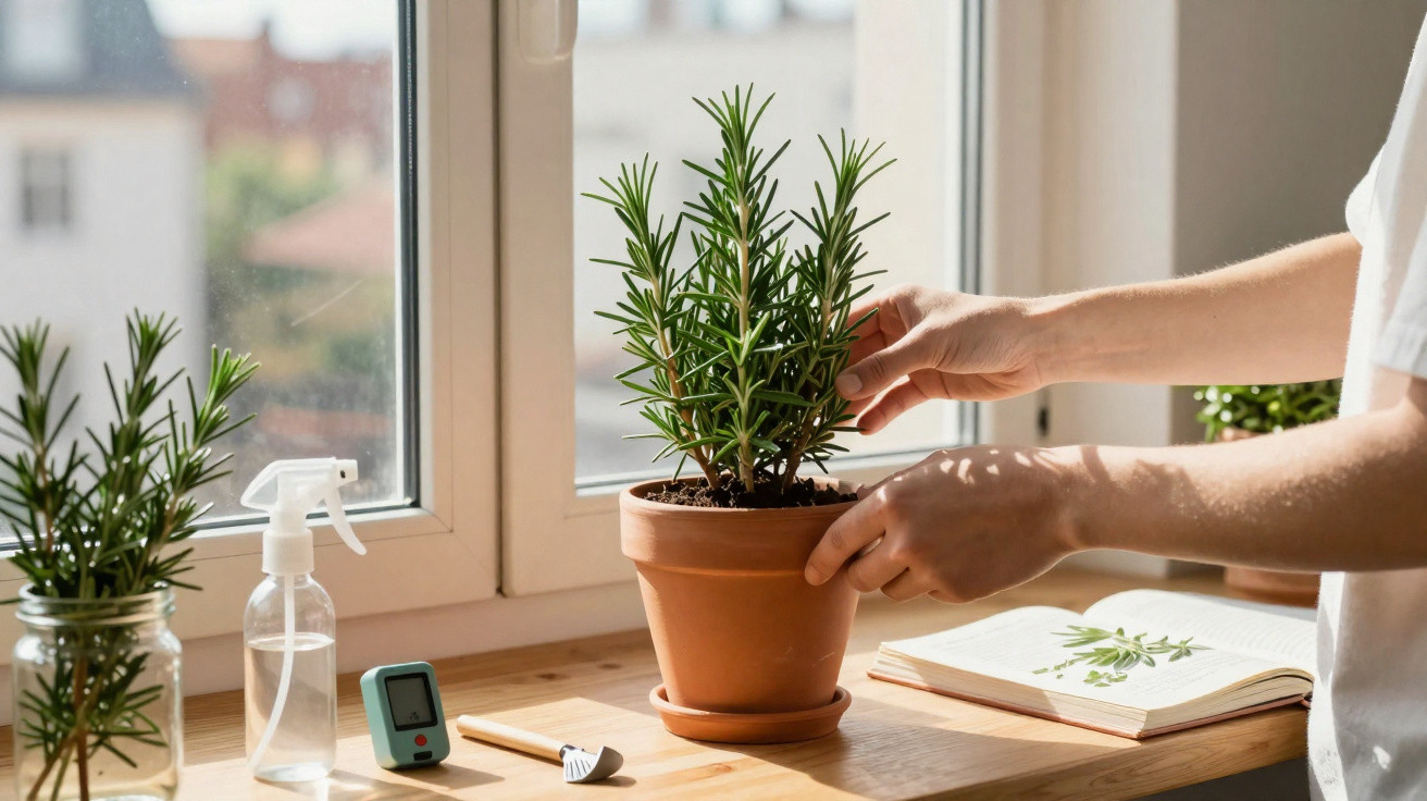 Person tending to a potted rosemary plant on a wooden table by a window with gardening tools and a book nearby.