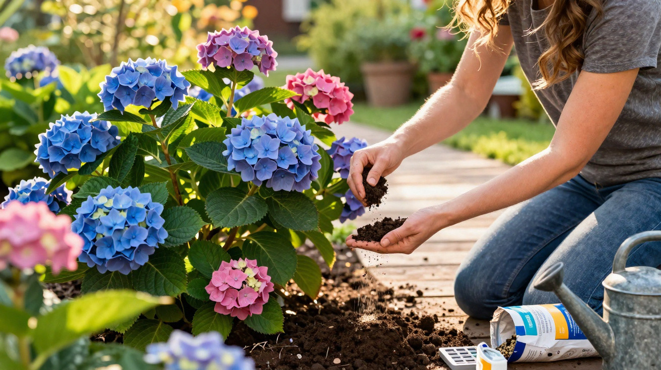 Person kneeling by a garden path, planting or tending colourful blue and pink hydrangea flowers.