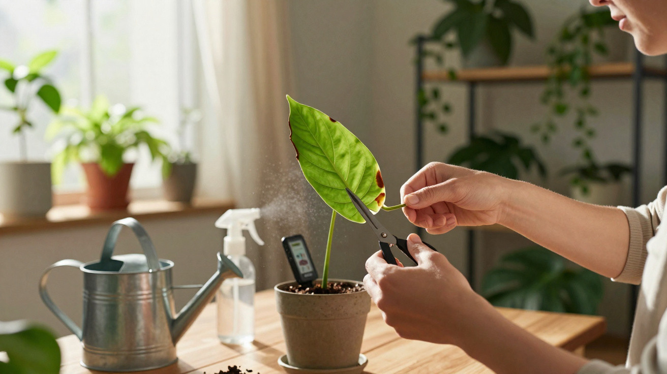 Person pruning a leaf on a potted plant indoors with a spray bottle and watering can nearby.