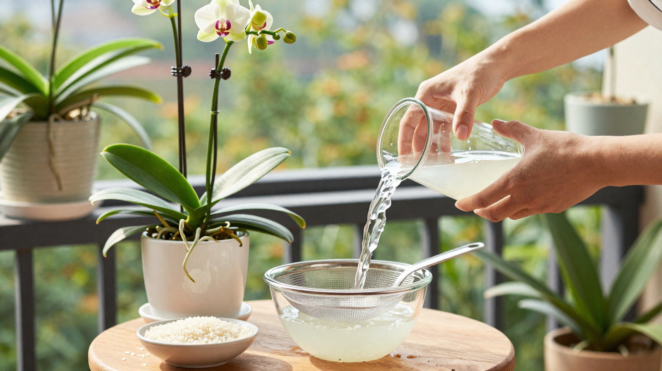 Hands pouring water from a glass jug through a strainer into a bowl on a wooden table with potted orchids nearby