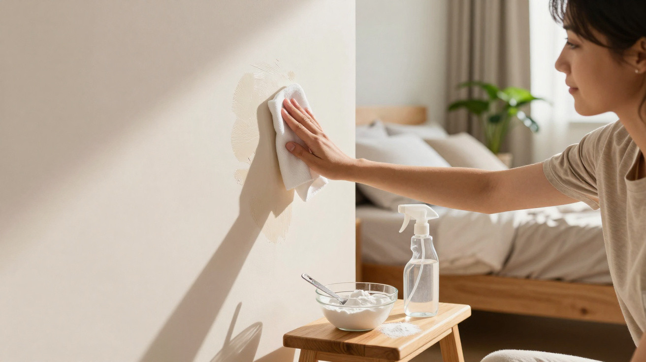 Person cleaning a wall stain using a cloth with a spray bottle and cleaning paste on a stool nearby.