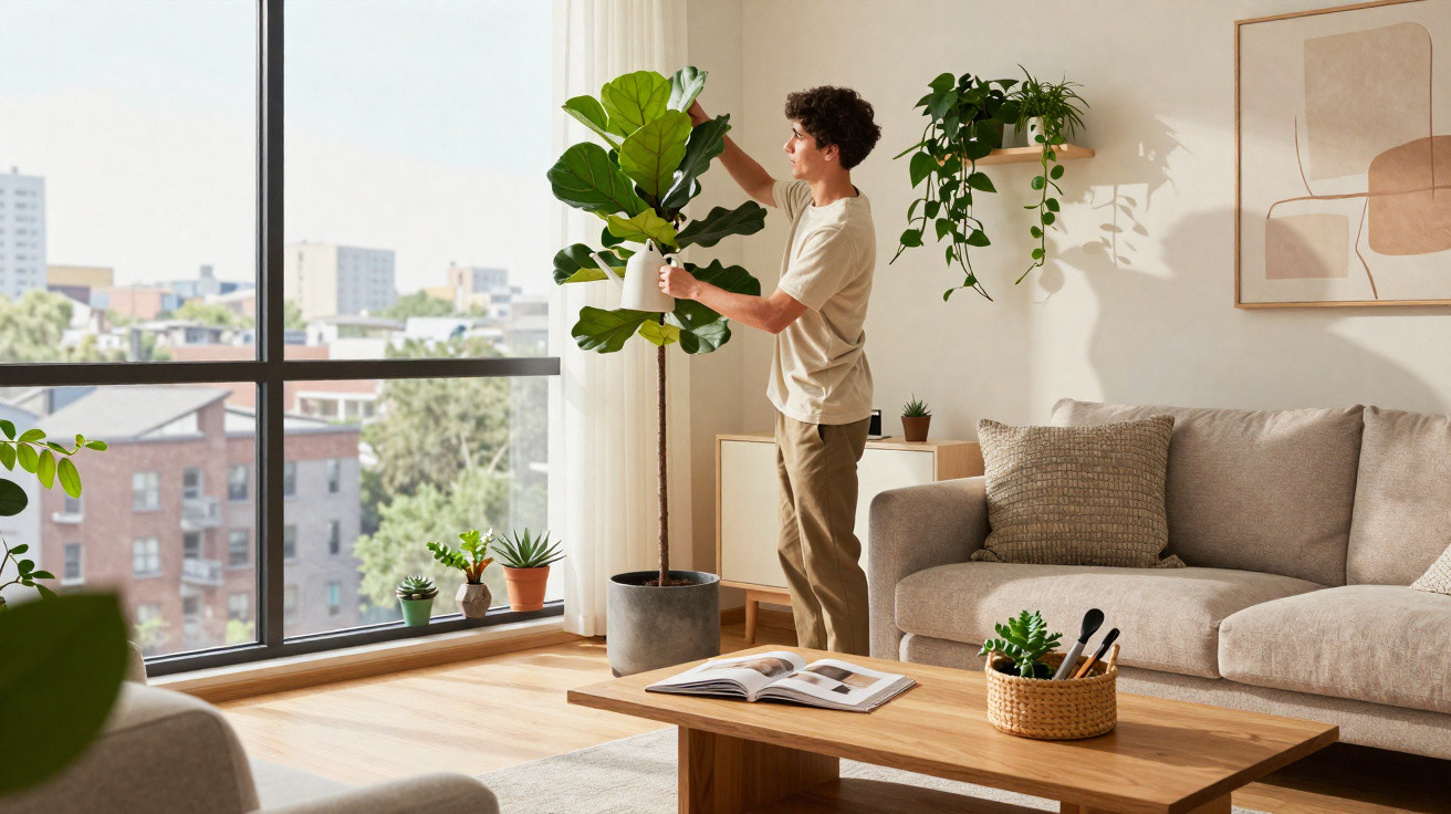 Person watering a tall indoor plant in a bright living room with modern décor and city views.