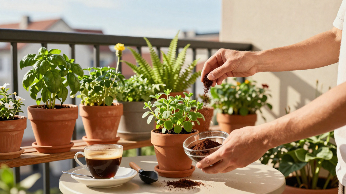 Hands adding soil to a potted plant on a balcony table with coffee and various other potted plants nearby.