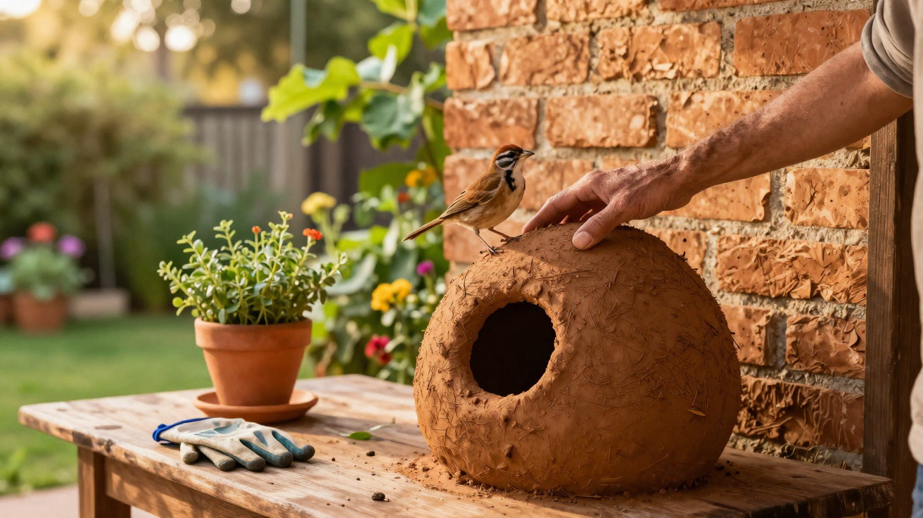 A person placing a handcrafted clay birdhouse on a wooden table with a small bird perched on it.