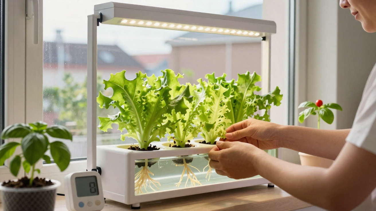 Person tending to hydroponic lettuce plants under LED grow lights on a windowsill in a home setting.