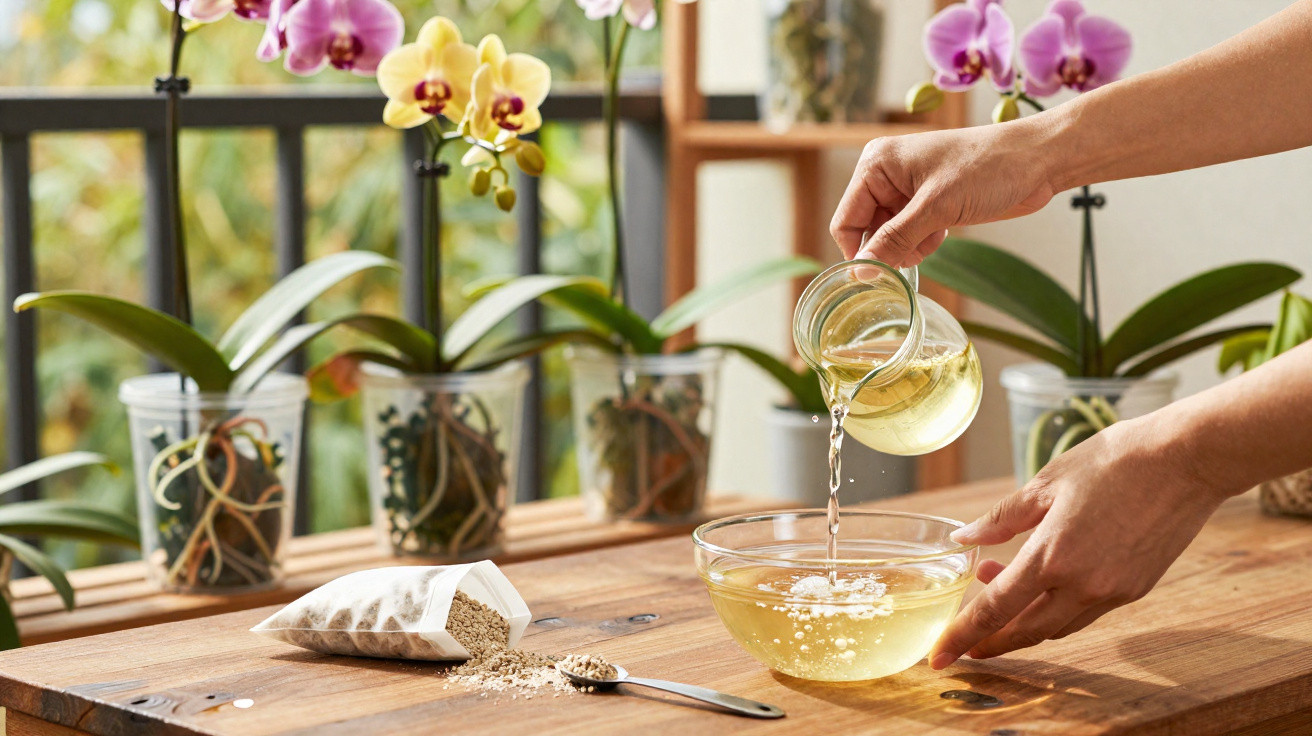 Hands pouring liquid from a glass jug into a bowl on a wooden table with orchids and a sachet of grains nearby