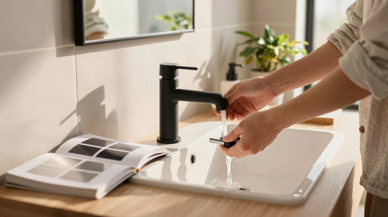 Person washing hands under running water from a black faucet in a modern bathroom with sunlight and open book nearby.