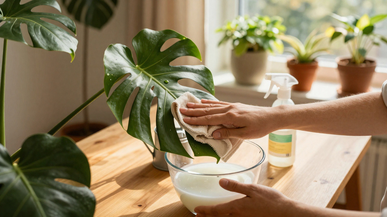 Hands cleaning a large green monstera leaf with a cloth over a bowl of water on a wooden table.