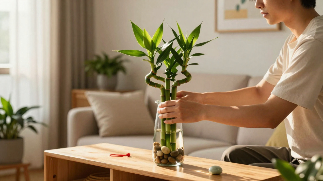 Person arranging lucky bamboo plant in glass vase on wooden table in a sunlit living room.