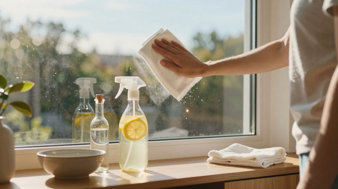 Person cleaning a window with a cloth and natural cleaning spray with lemon slices on a wooden surface.